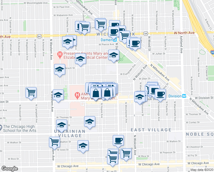 map of restaurants, bars, coffee shops, grocery stores, and more near 1223 North Hoyne Avenue in Chicago