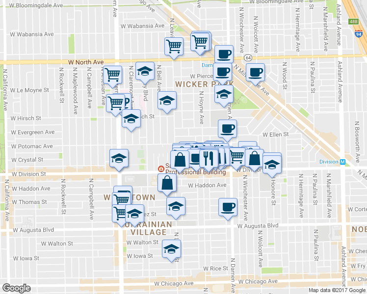 map of restaurants, bars, coffee shops, grocery stores, and more near 2125 West Crystal Street in Chicago