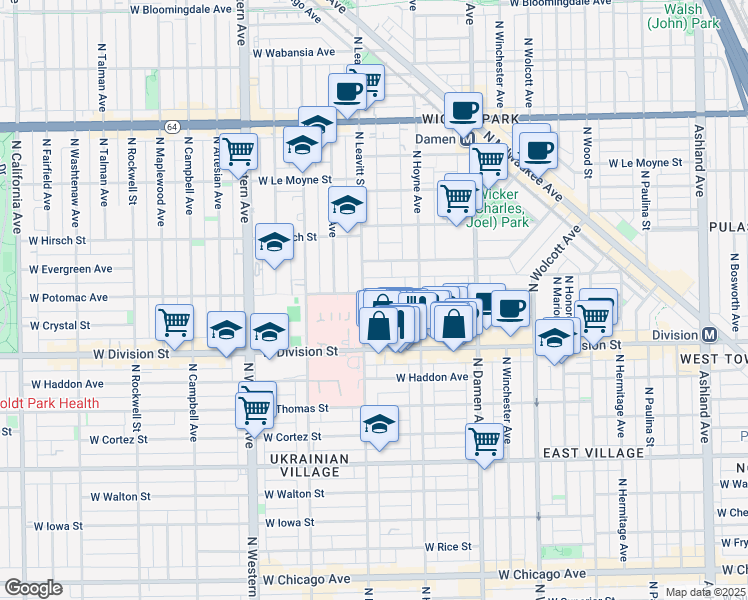 map of restaurants, bars, coffee shops, grocery stores, and more near 2125 West Crystal Street in Chicago
