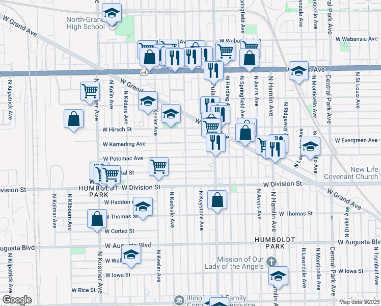 map of restaurants, bars, coffee shops, grocery stores, and more near 1248 North Karlov Avenue in Chicago