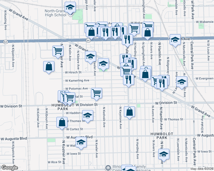 map of restaurants, bars, coffee shops, grocery stores, and more near 1248 North Karlov Avenue in Chicago