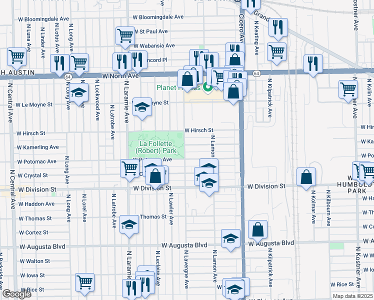 map of restaurants, bars, coffee shops, grocery stores, and more near 4939 West Potomac Avenue in Chicago
