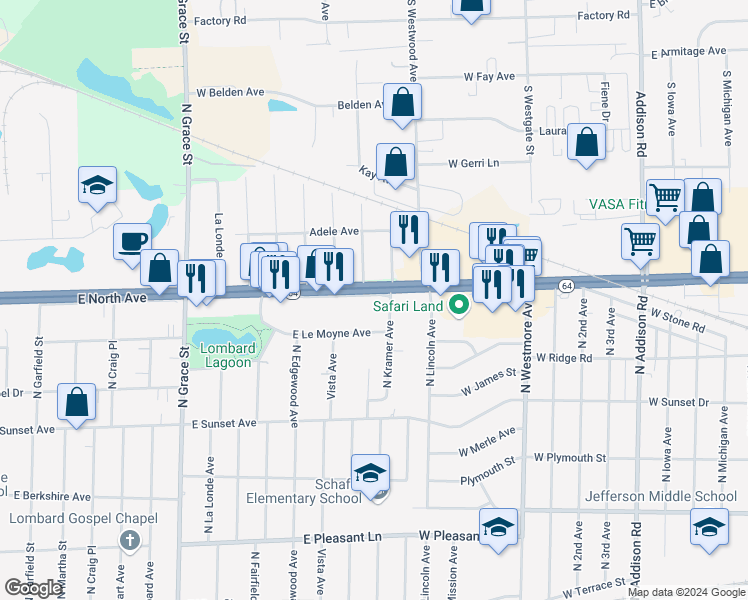map of restaurants, bars, coffee shops, grocery stores, and more near 708 East Le Moyne Avenue in Lombard