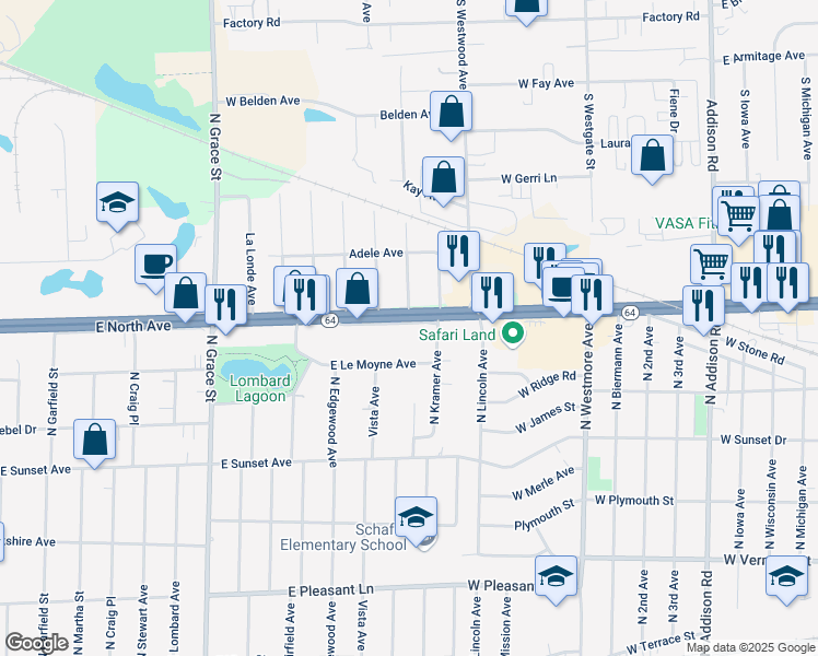 map of restaurants, bars, coffee shops, grocery stores, and more near 708 East Le Moyne Avenue in Lombard