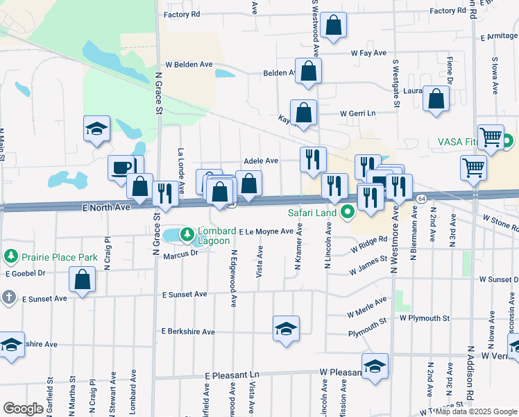 map of restaurants, bars, coffee shops, grocery stores, and more near 622 East Le Moyne Avenue in Lombard