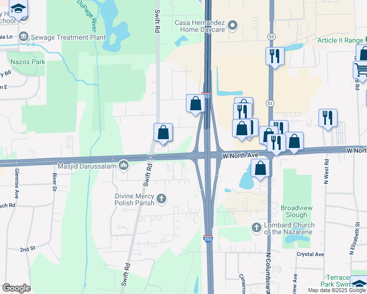 map of restaurants, bars, coffee shops, grocery stores, and more near 21W280 North Avenue in Carol Stream