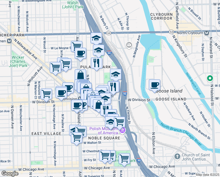 map of restaurants, bars, coffee shops, grocery stores, and more near 1216 North Noble Street in Chicago