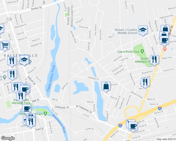 map of restaurants, bars, coffee shops, grocery stores, and more near 10 Case Drive in Attleboro