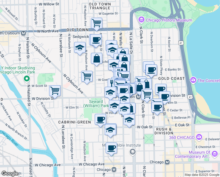 map of restaurants, bars, coffee shops, grocery stores, and more near 235 West Scott Street in Chicago