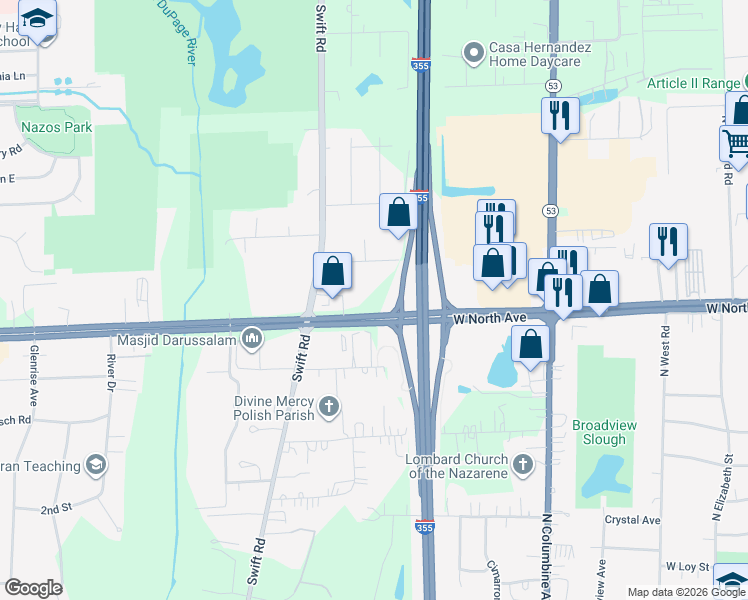 map of restaurants, bars, coffee shops, grocery stores, and more near 21W280 North Avenue in Carol Stream