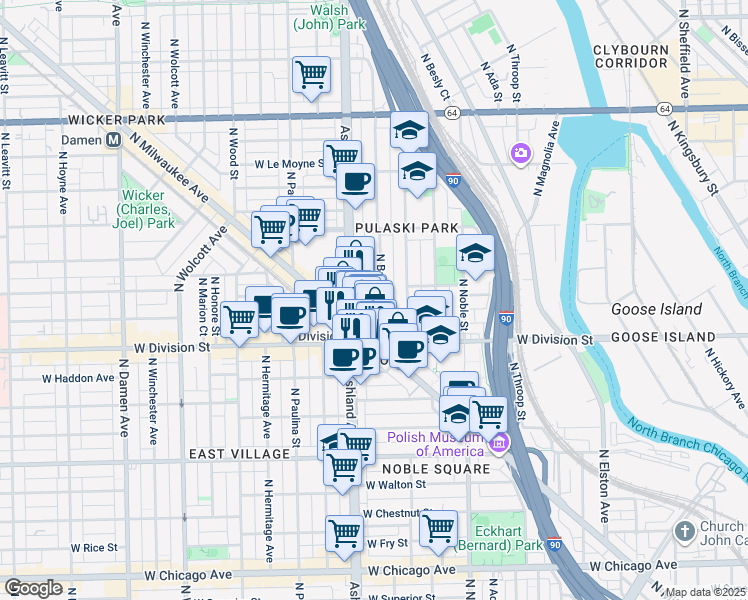 map of restaurants, bars, coffee shops, grocery stores, and more near 1244 North Bosworth Avenue in Chicago