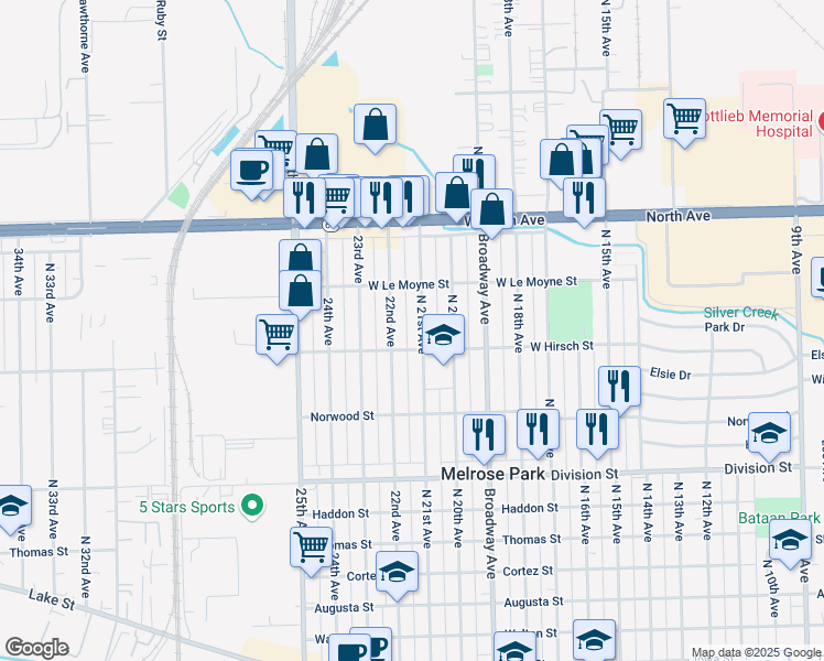 map of restaurants, bars, coffee shops, grocery stores, and more near in Melrose Park