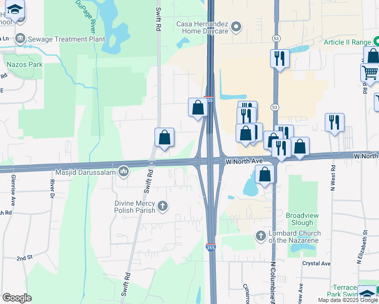 map of restaurants, bars, coffee shops, grocery stores, and more near 21W280 North Avenue in Carol Stream