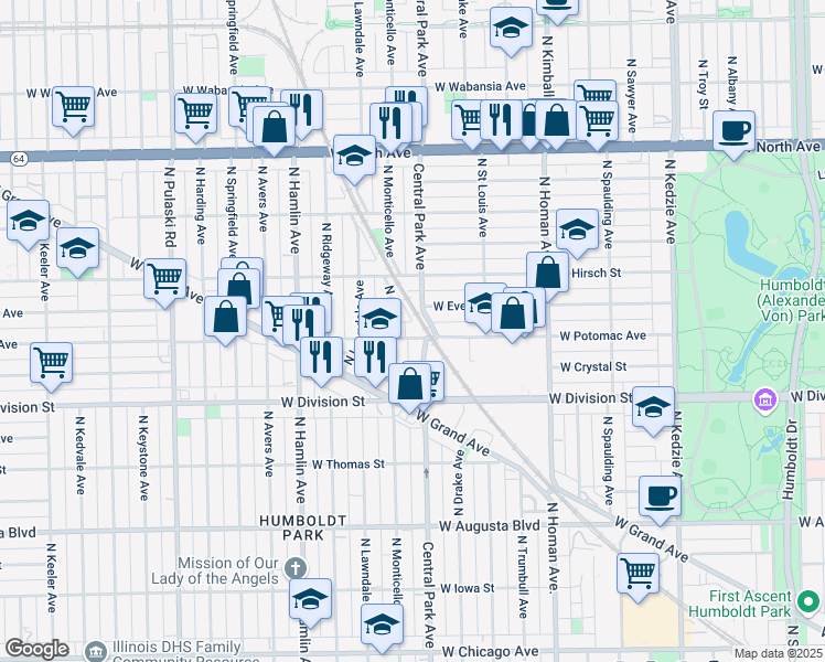 map of restaurants, bars, coffee shops, grocery stores, and more near 1330 North Central Park Avenue in Chicago