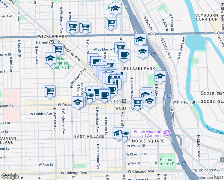 map of restaurants, bars, coffee shops, grocery stores, and more near 1270 North Milwaukee Avenue in Chicago