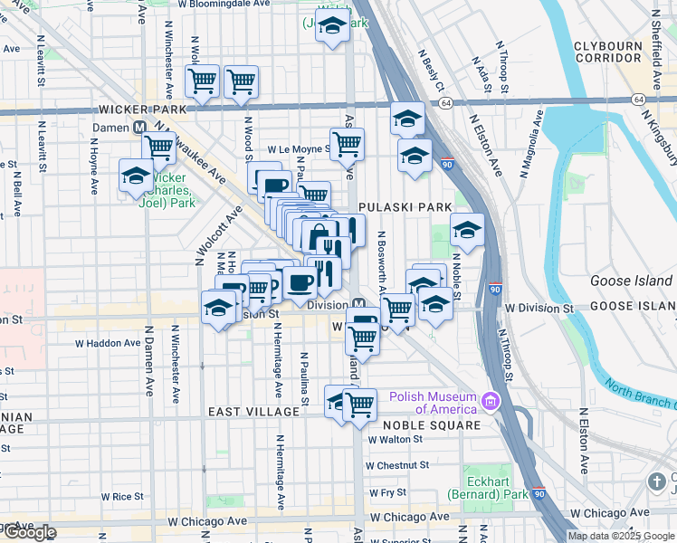 map of restaurants, bars, coffee shops, grocery stores, and more near in Chicago