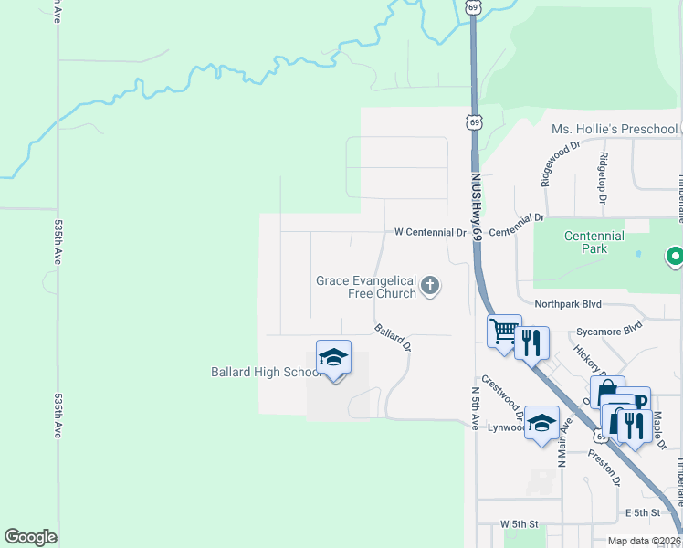 map of restaurants, bars, coffee shops, grocery stores, and more near 536 West Centennial Drive in Huxley