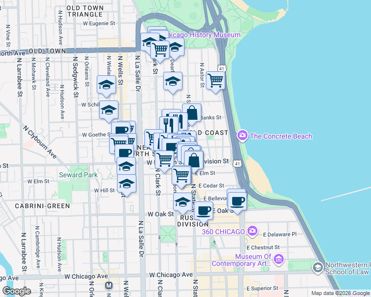 map of restaurants, bars, coffee shops, grocery stores, and more near 1255 North State Parkway in Chicago