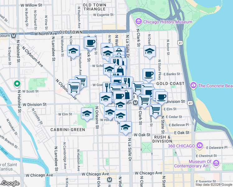 map of restaurants, bars, coffee shops, grocery stores, and more near 211 West Scott Street in Chicago
