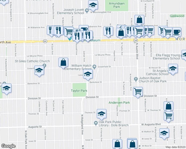 map of restaurants, bars, coffee shops, grocery stores, and more near 1000 North Ridgeland Avenue in Oak Park