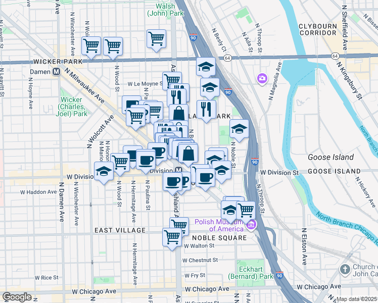 map of restaurants, bars, coffee shops, grocery stores, and more near 1246 North Bosworth Avenue in Chicago