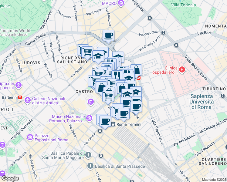 map of restaurants, bars, coffee shops, grocery stores, and more near 58 Via Goito in Roma
