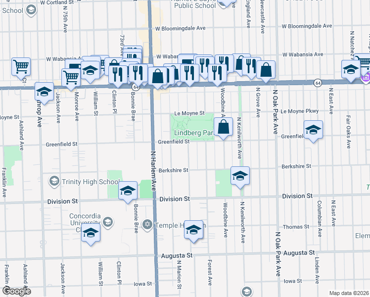 map of restaurants, bars, coffee shops, grocery stores, and more near 1046 Belleforte Avenue in Oak Park