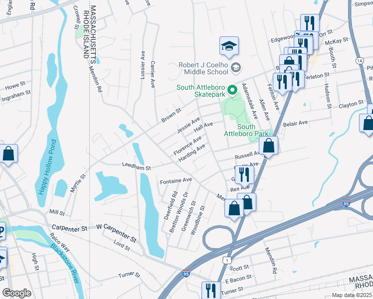 map of restaurants, bars, coffee shops, grocery stores, and more near 45 Hall Avenue in Attleboro