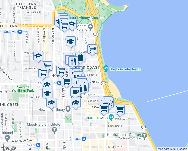 map of restaurants, bars, coffee shops, grocery stores, and more near 1250 U.S. 41 in Chicago