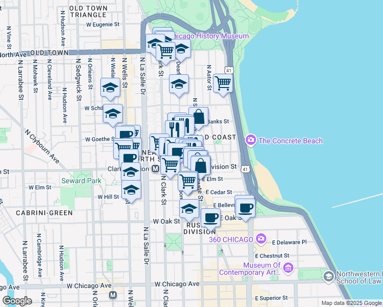 map of restaurants, bars, coffee shops, grocery stores, and more near 1255 North State Parkway in Chicago
