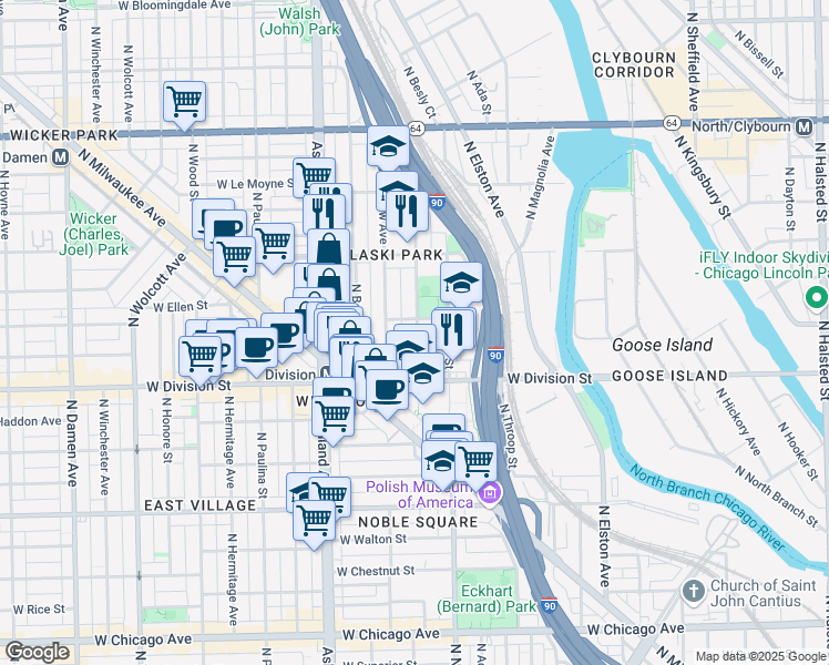 map of restaurants, bars, coffee shops, grocery stores, and more near 1310 North Cleaver Street in Chicago