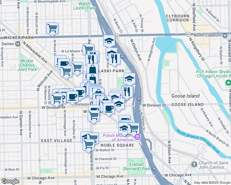 map of restaurants, bars, coffee shops, grocery stores, and more near 1310 North Cleaver Street in Chicago