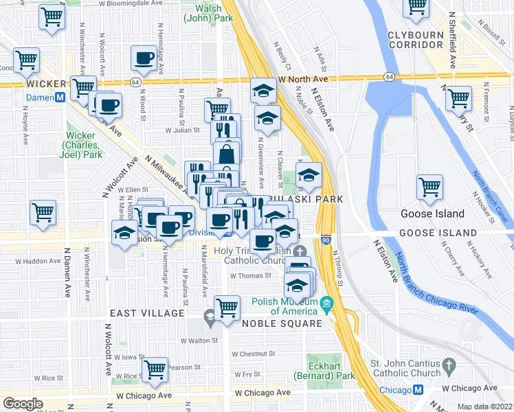 map of restaurants, bars, coffee shops, grocery stores, and more near 1311 North Bosworth Avenue in Chicago