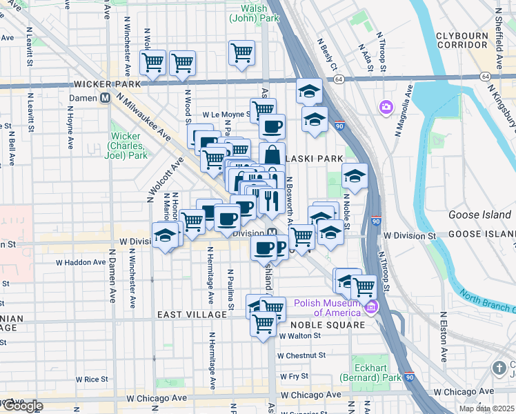 map of restaurants, bars, coffee shops, grocery stores, and more near 1309 North Ashland Avenue in Chicago