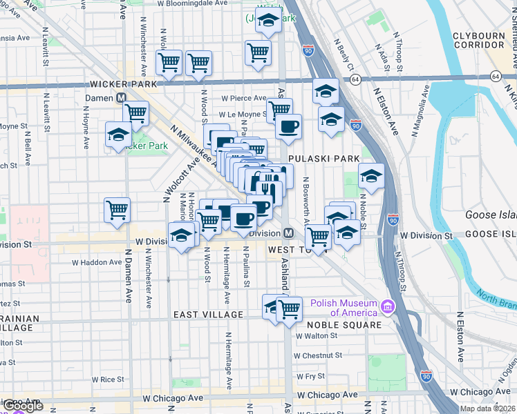 map of restaurants, bars, coffee shops, grocery stores, and more near 1346 North Bauwans Street in Chicago