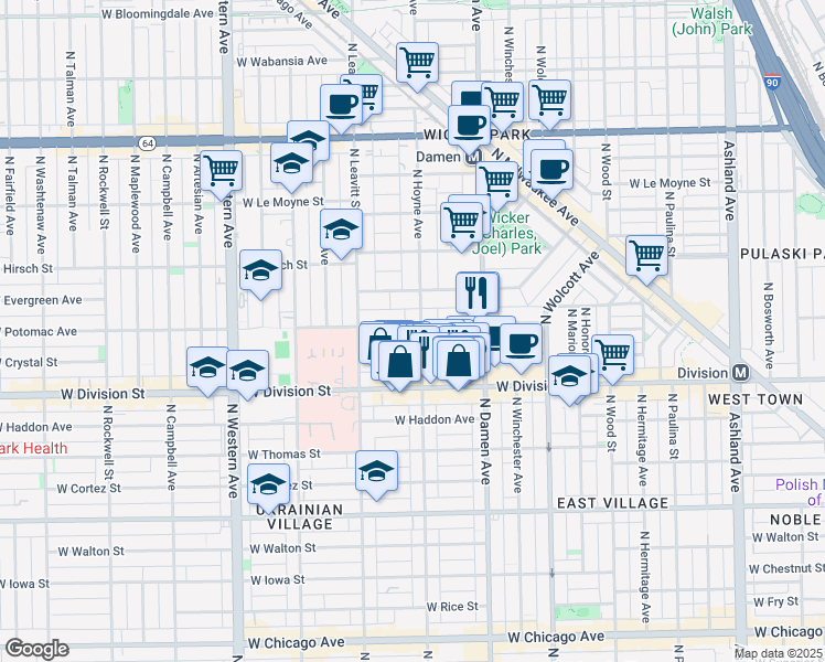 map of restaurants, bars, coffee shops, grocery stores, and more near 1317 North Hoyne Avenue in Chicago