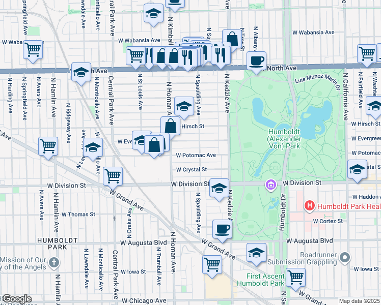 map of restaurants, bars, coffee shops, grocery stores, and more near 3301 West Evergreen Avenue in Chicago