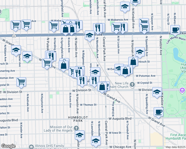 map of restaurants, bars, coffee shops, grocery stores, and more near 1331 North Lawndale Avenue in Chicago