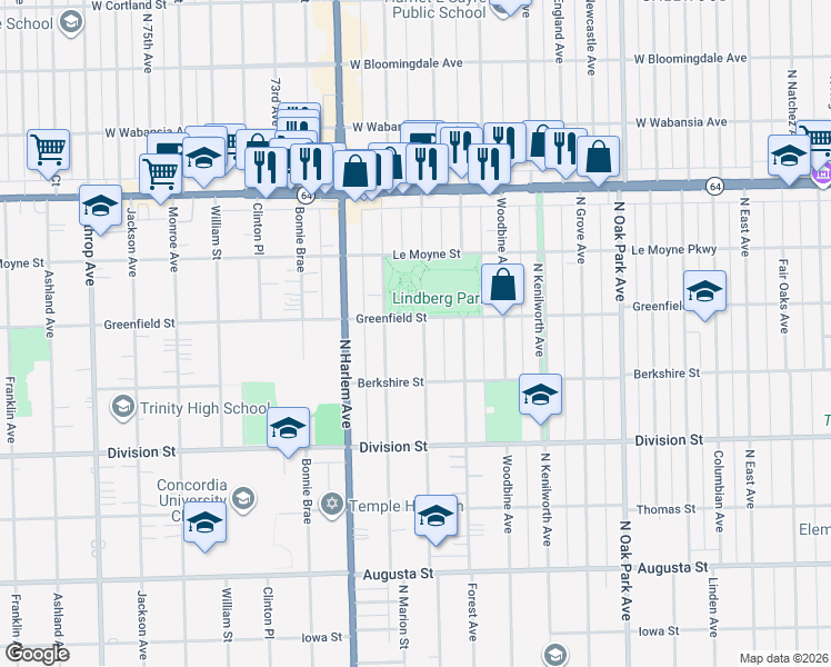 map of restaurants, bars, coffee shops, grocery stores, and more near 1046 Belleforte Avenue in Oak Park