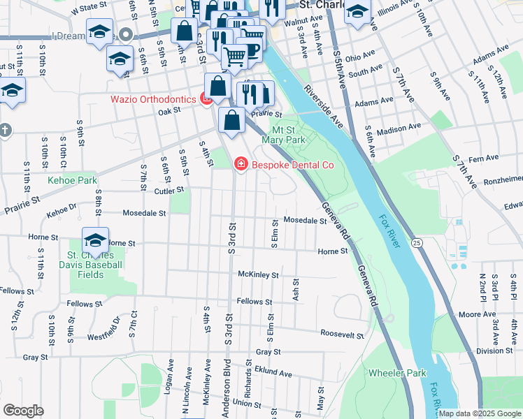 map of restaurants, bars, coffee shops, grocery stores, and more near 900 South 2nd Street in St. Charles