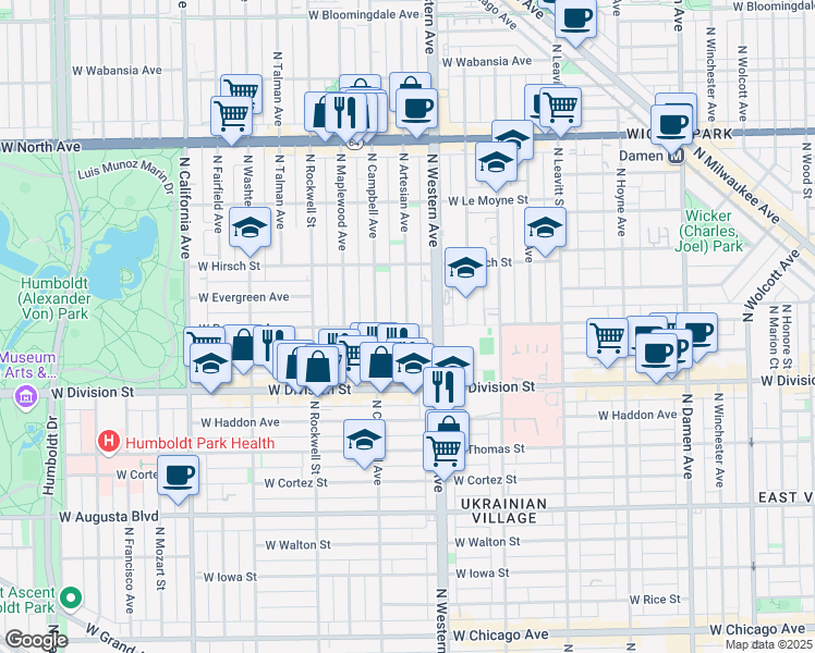 map of restaurants, bars, coffee shops, grocery stores, and more near W Potomac Ave & N Artesian Ave in Chicago
