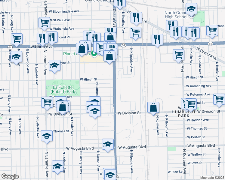 map of restaurants, bars, coffee shops, grocery stores, and more near 4826 West Kamerling Avenue in Chicago