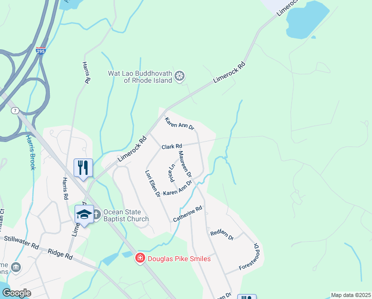 map of restaurants, bars, coffee shops, grocery stores, and more near 50 Clark Road in Smithfield