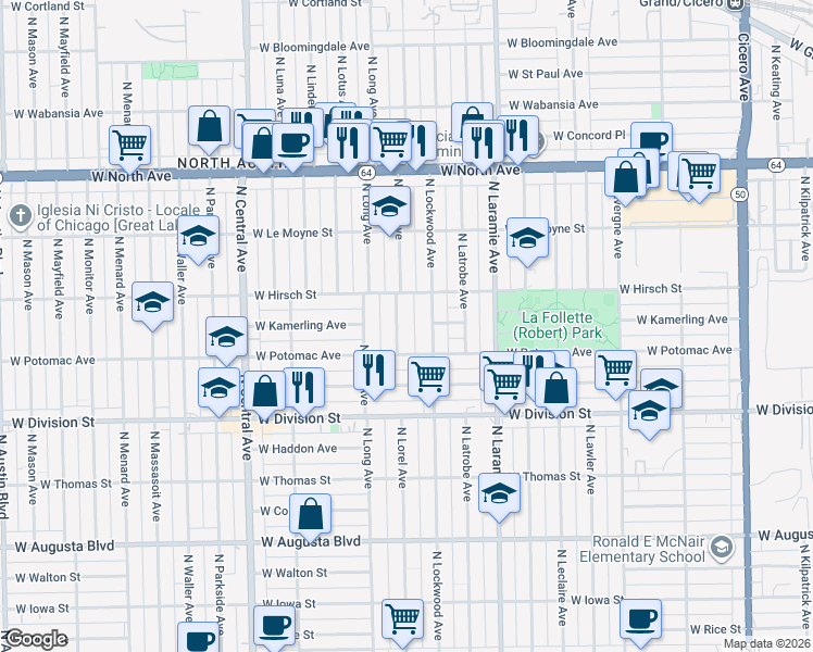 map of restaurants, bars, coffee shops, grocery stores, and more near 5315 West Hirsch Street in Chicago