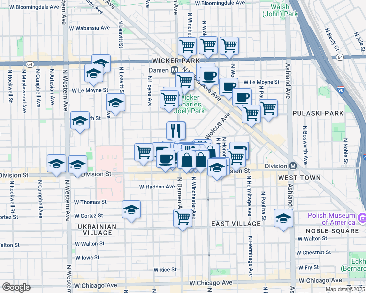 map of restaurants, bars, coffee shops, grocery stores, and more near 1940 West Potomac Avenue in Chicago