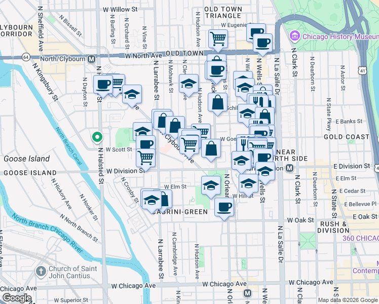 map of restaurants, bars, coffee shops, grocery stores, and more near 450 West Goethe Street in Chicago