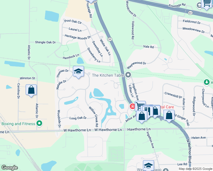 map of restaurants, bars, coffee shops, grocery stores, and more near 1223 North Kings Court in West Chicago