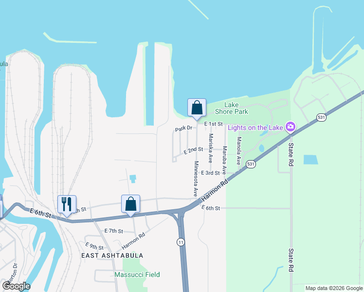 map of restaurants, bars, coffee shops, grocery stores, and more near 131 East Lakecliff Drive in Ashtabula
