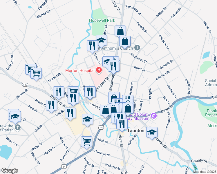 map of restaurants, bars, coffee shops, grocery stores, and more near 91 Washington Street in Taunton