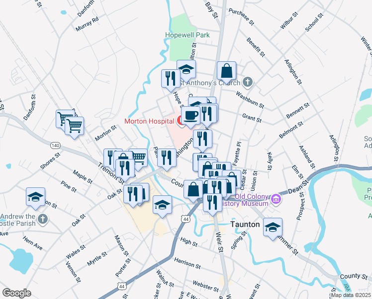 map of restaurants, bars, coffee shops, grocery stores, and more near 72 Washington Street in Taunton